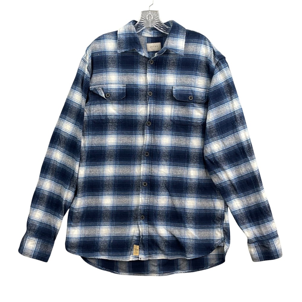 Jachs Flannel Shirt Mens Large Tall Blue White Plaid Western Logger Academia